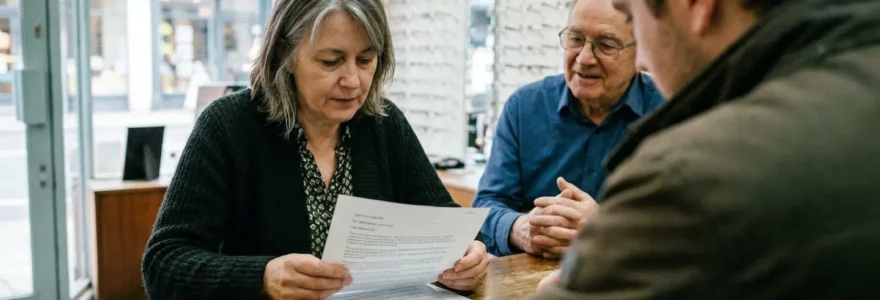 Une personne concentrée examine un document papier dans une boutique d'optique, des lunettes posées sur le comptoir devant elle