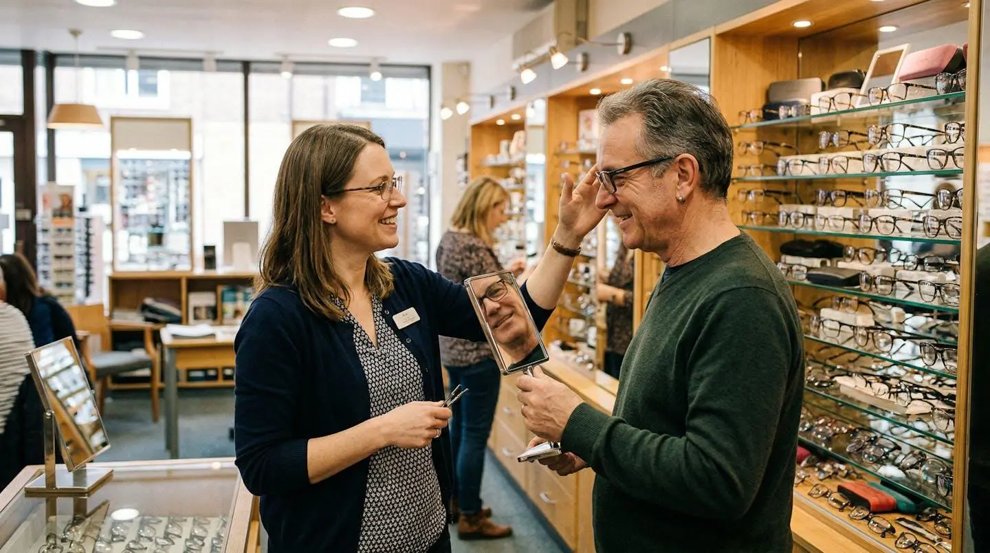 Un client et un opticien discutent devant un présentoir de verres, échange naturel et professionnel