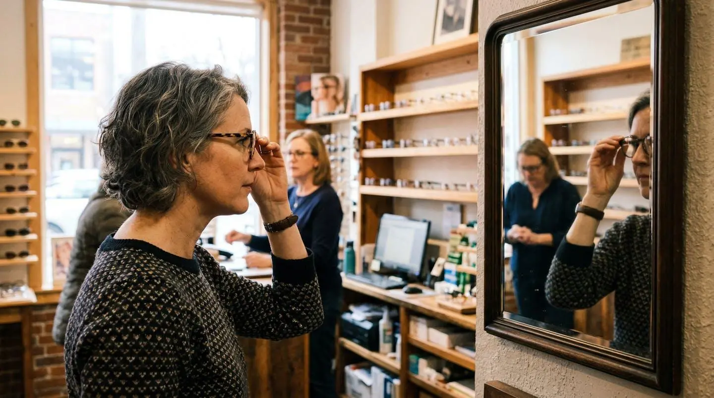 Une personne essaie des montures de lunettes face à un miroir dans une boutique, un opticien visible en arrière-plan