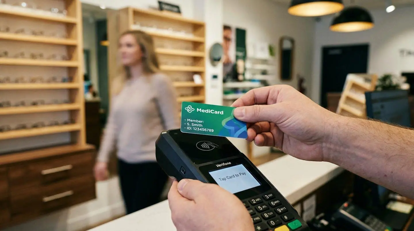 Des mains tendent une carte de santé près d'un terminal de paiement dans un magasin d'optique