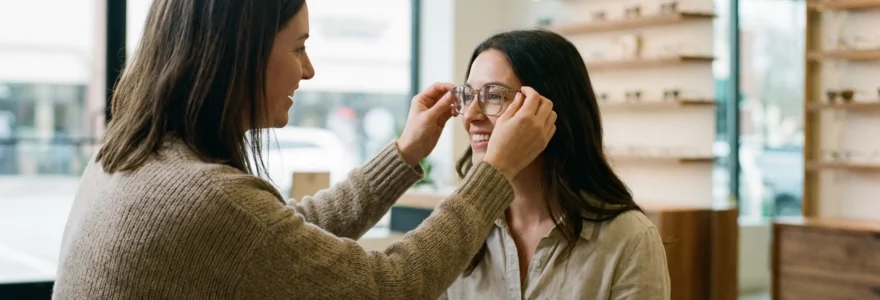 Opticienne réalisant un ajustement de lunettes sur une cliente en magasin
