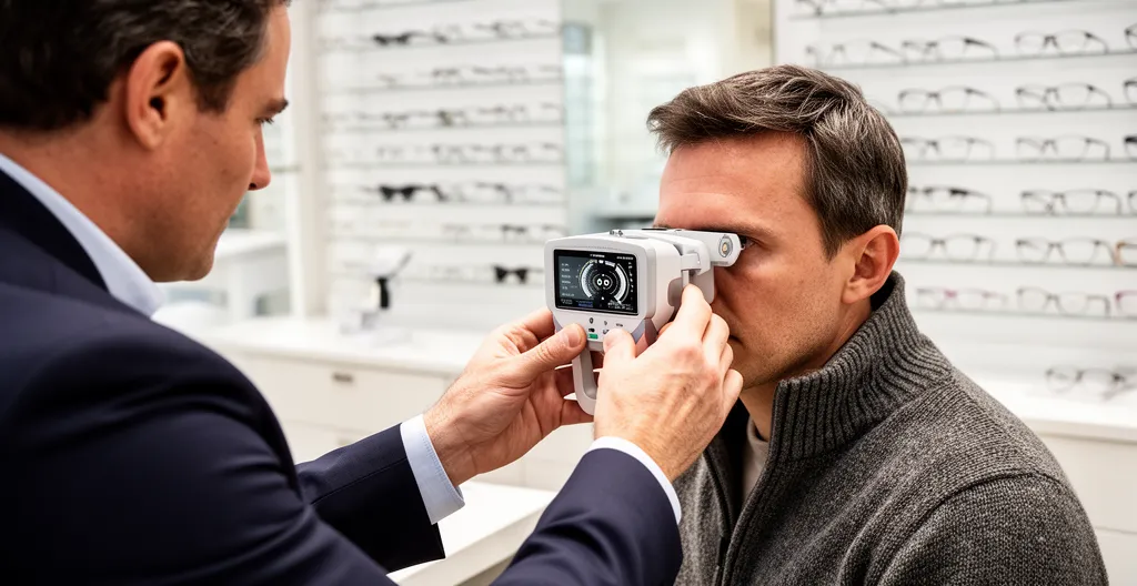 Opticien vérifiant le centrage pupillaire des lunettes avec un appareil de mesure