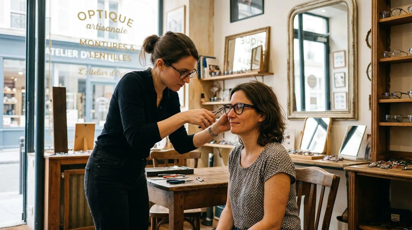 Une opticienne ajuste délicatement les branches d'une paire de lunettes portée par une cliente devant un miroir dans une boutique lumineuse