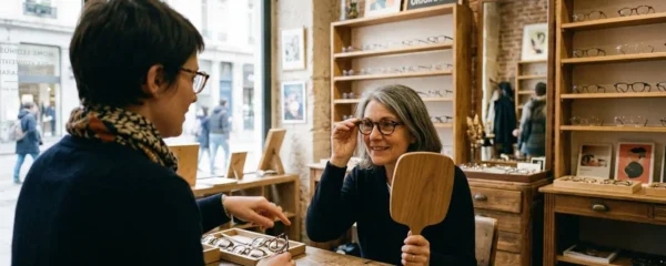 Une opticienne guide une cliente qui essaie des montures dans une boutique d'optique aux rayonnages en bois et lumière naturelle de vitrine
