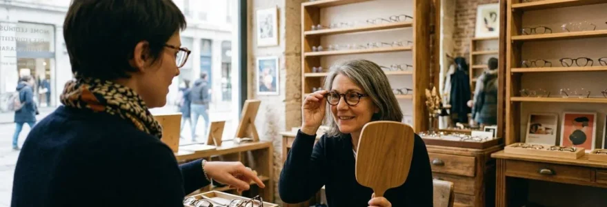 Une opticienne guide une cliente qui essaie des montures dans une boutique d'optique aux rayonnages en bois et lumière naturelle de vitrine