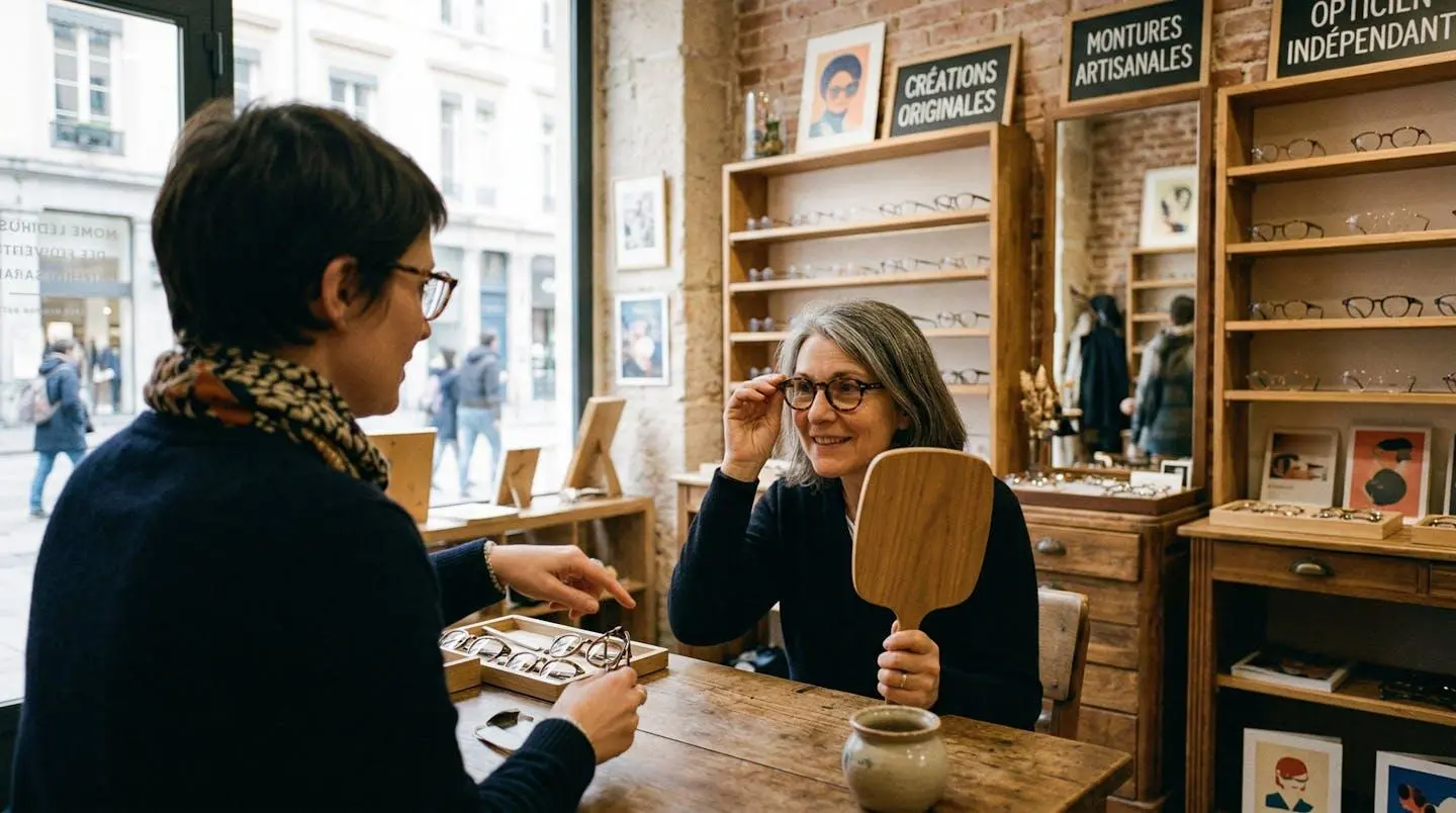 Une opticienne guide une cliente qui essaie des montures dans une boutique d'optique aux rayonnages en bois et lumière naturelle de vitrine
