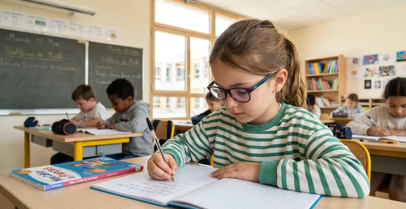 Enfant de 8 à 10 ans portant des lunettes colorées modernes, concentré sur son cahier d'école dans une classe contemporaine lumineuse