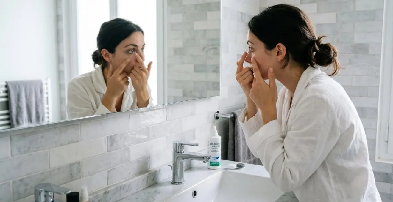 Jeune femme en train de poser une lentille de contact souple sur son œil devant le miroir de sa salle de bain moderne