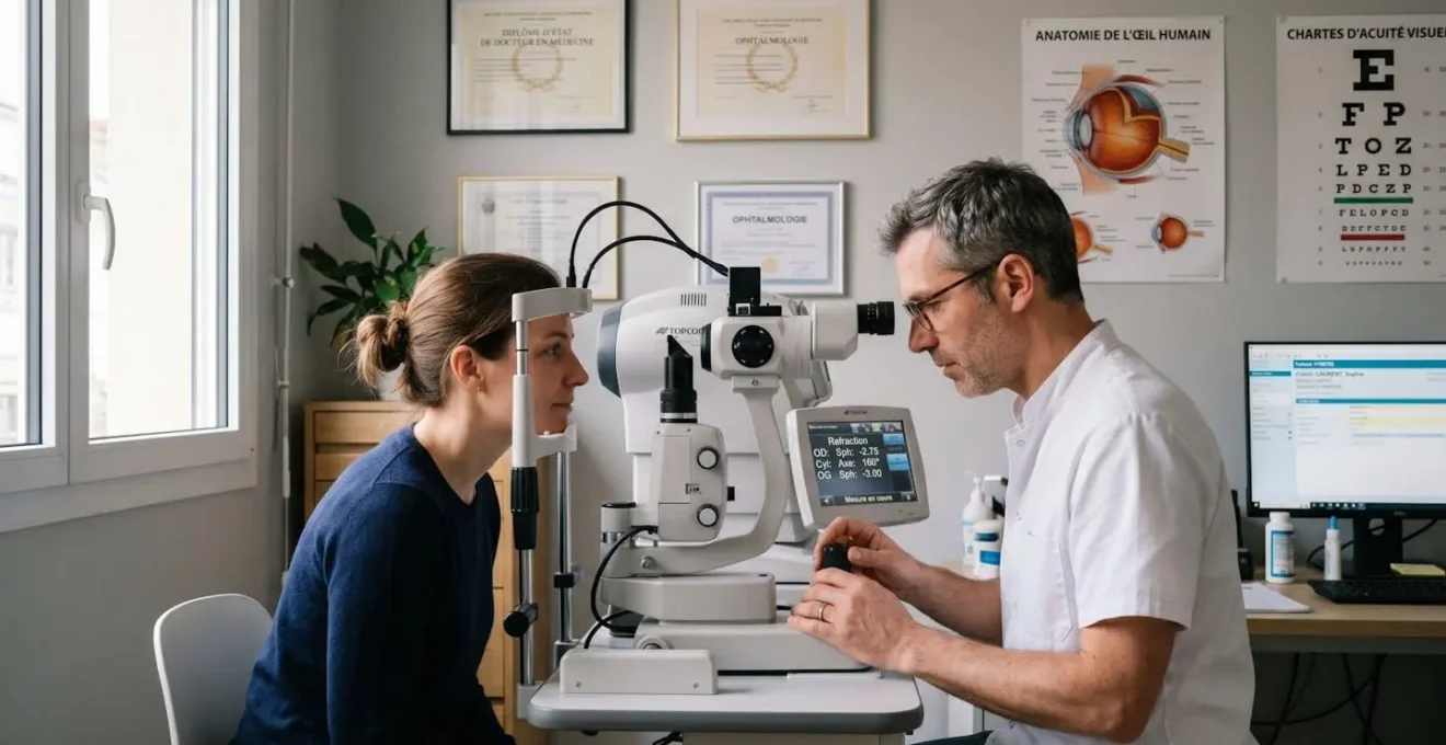 Ophtalmologiste en blouse blanche examinant un patient adulte avec un réfractomètre dans un cabinet médical contemporain français