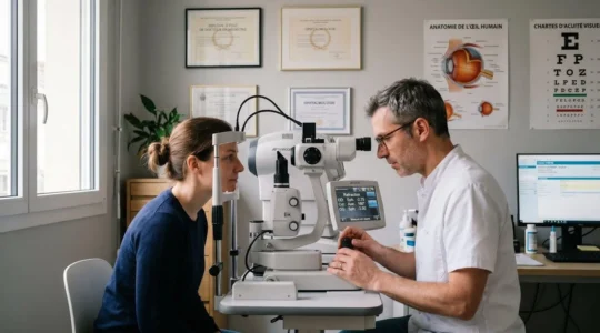 Ophtalmologiste en blouse blanche examinant un patient adulte avec un réfractomètre dans un cabinet médical contemporain français