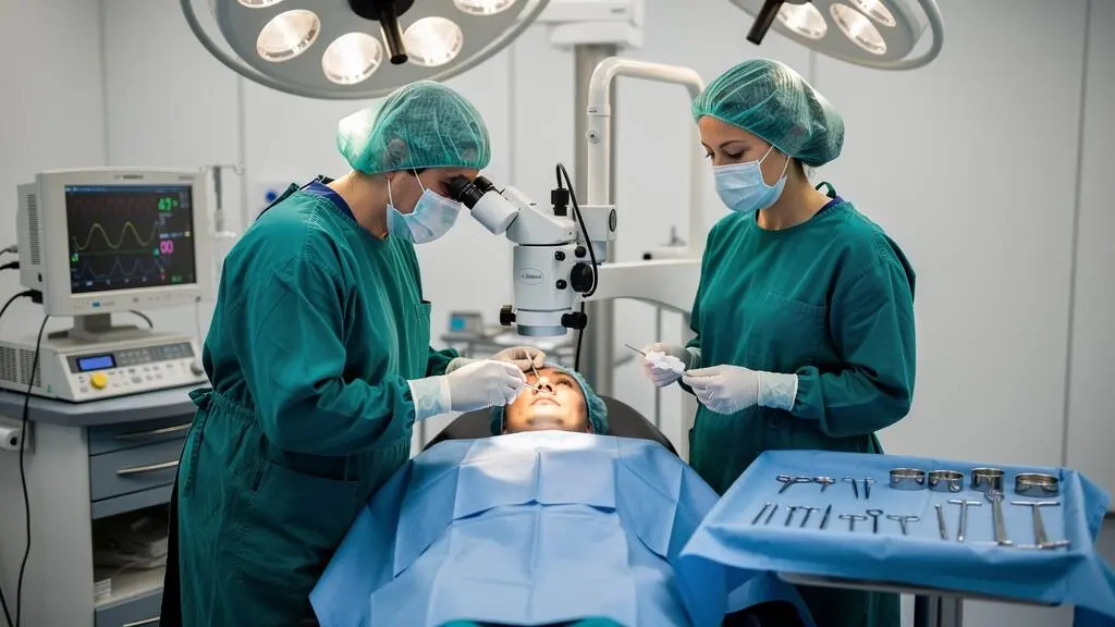 Une équipe chirurgicale opère l'œil d'un patient sous microscope au bloc opératoire.