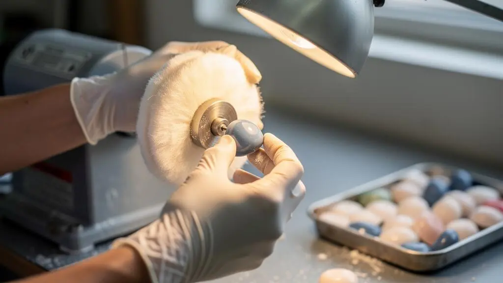 Un artisan polit une prothèse oculaire sur une petite polisseuse d'établi équipée d'une molette en coton.
